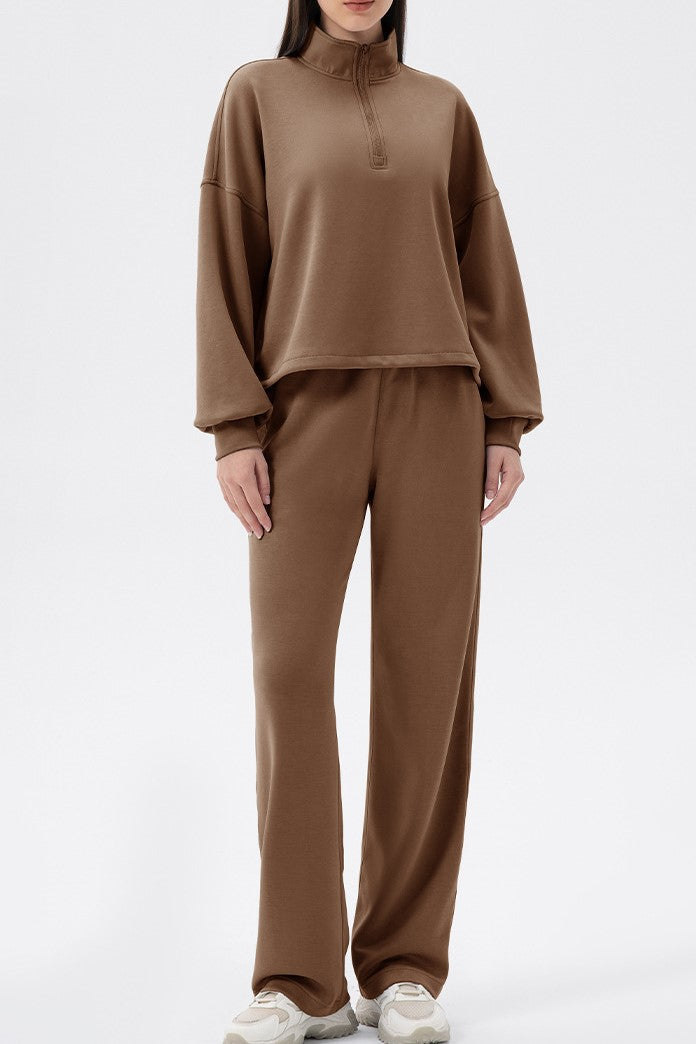 Half Zip Funnel Neck Oversized Sweatshirt - Brown - 1