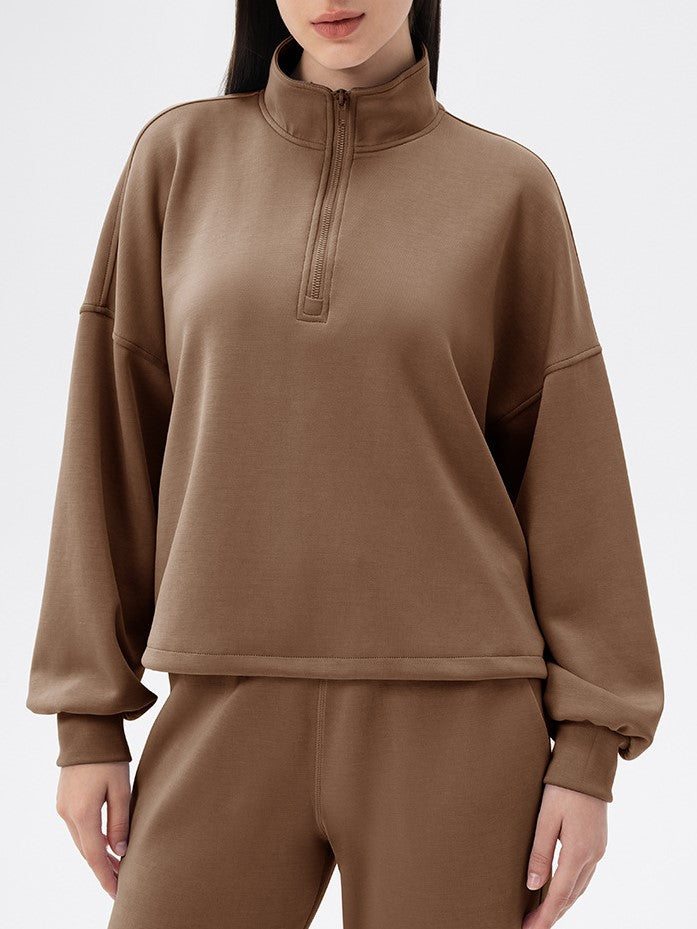 Half Zip Funnel Neck Oversized Sweatshirt - Brown - 2