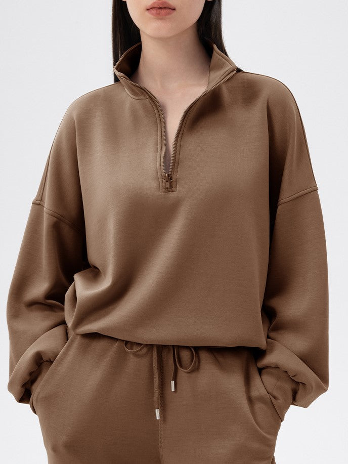 Half Zip Funnel Neck Oversized Sweatshirt - Brown - 3