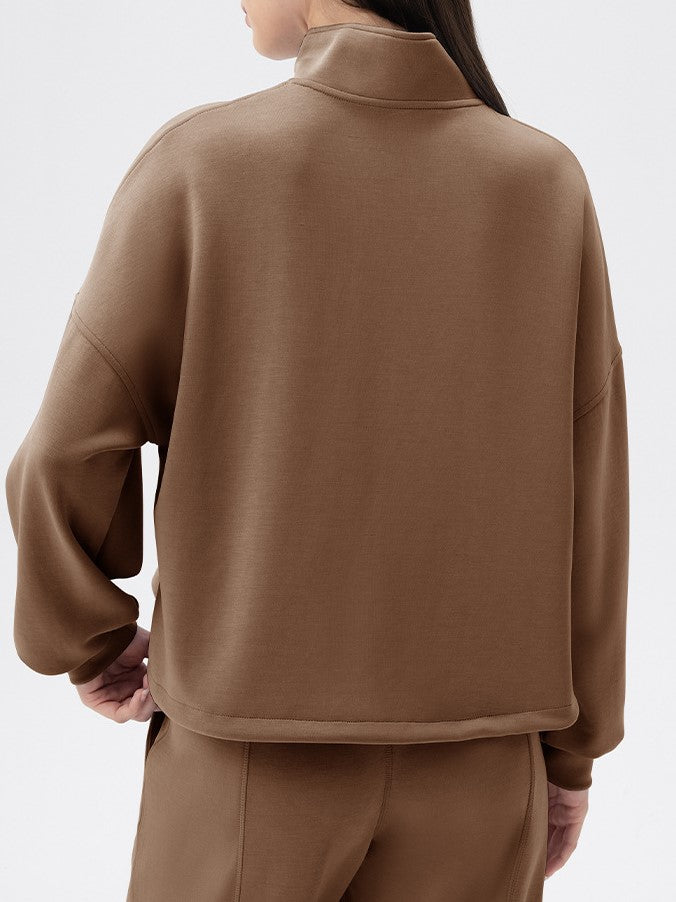Half Zip Funnel Neck Oversized Sweatshirt - Brown - 4