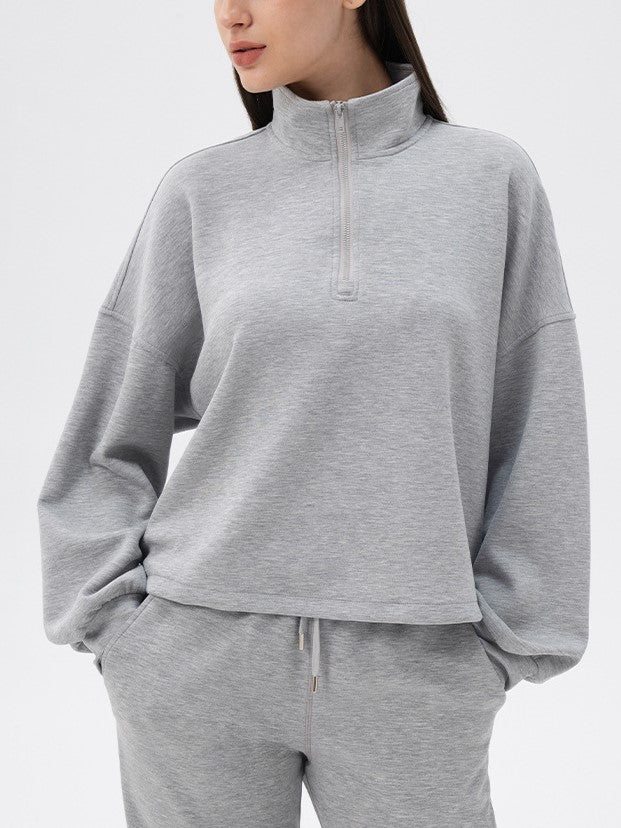 Half Zip Funnel Neck Oversized Sweatshirt - Grey - 1