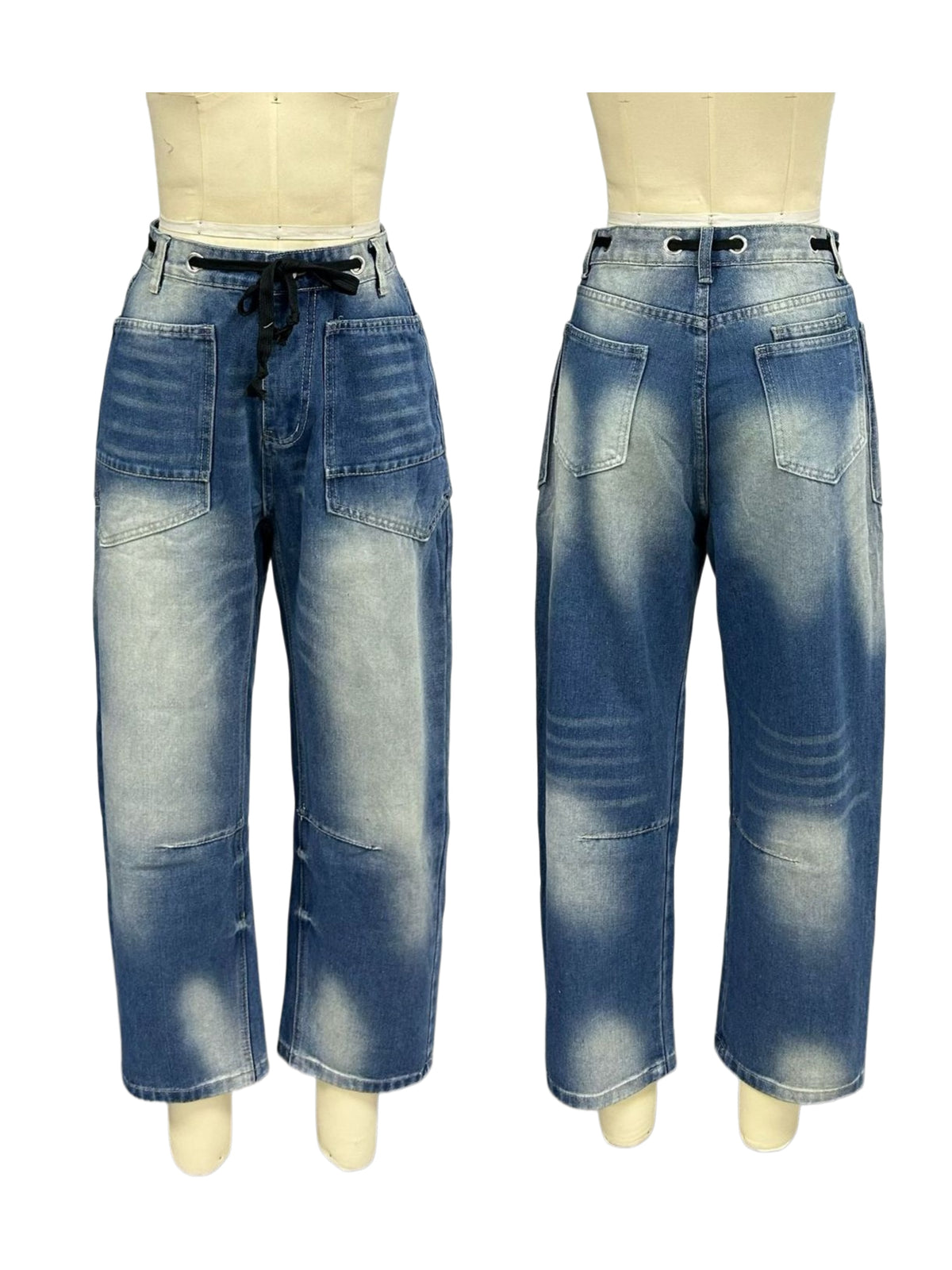 Tie Waist Curved Leg Utility Jeans - Blue