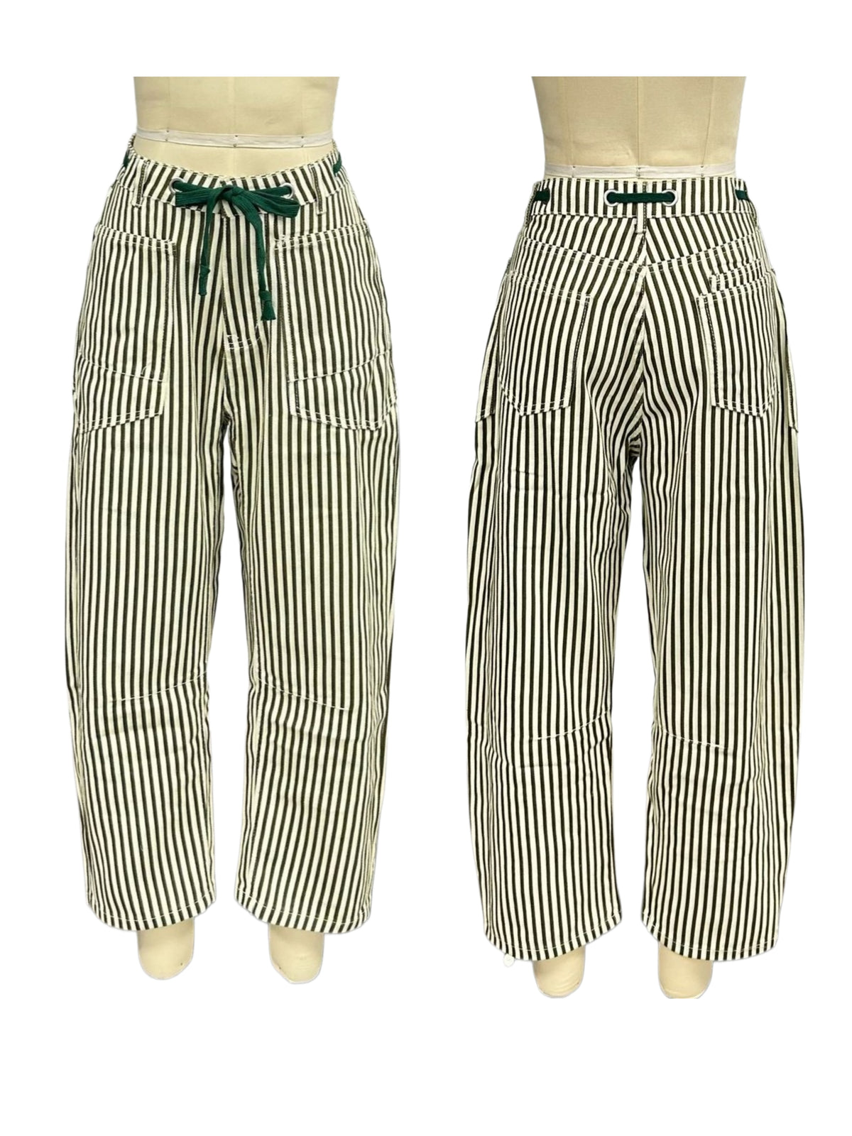 Tie Waist Curved Leg Utility Jeans - Green
