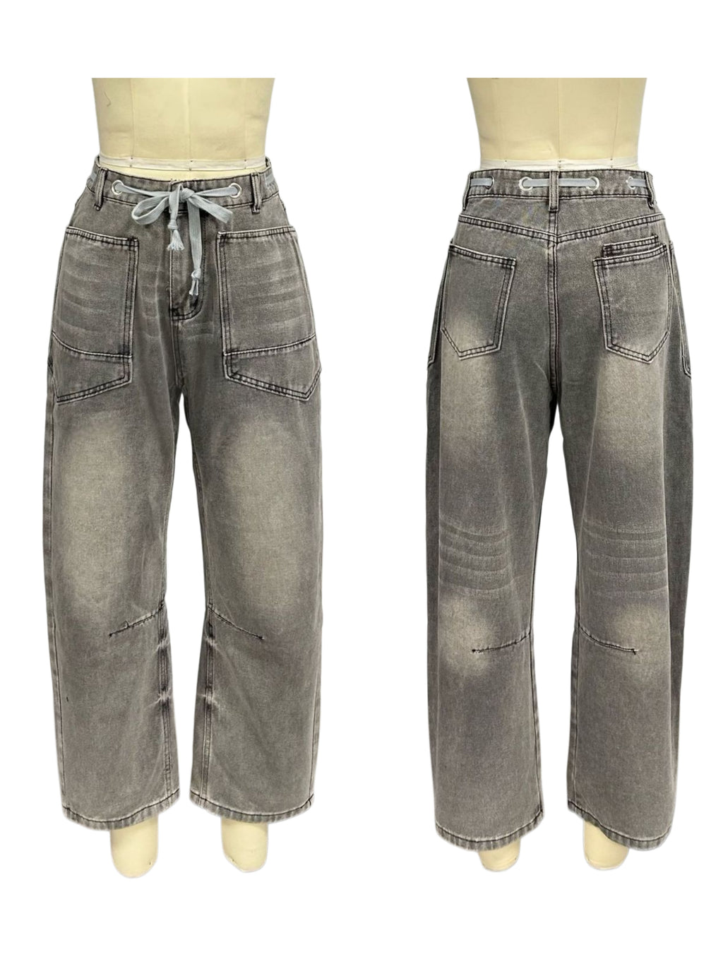Tie Waist Curved Leg Utility Jeans - Grey