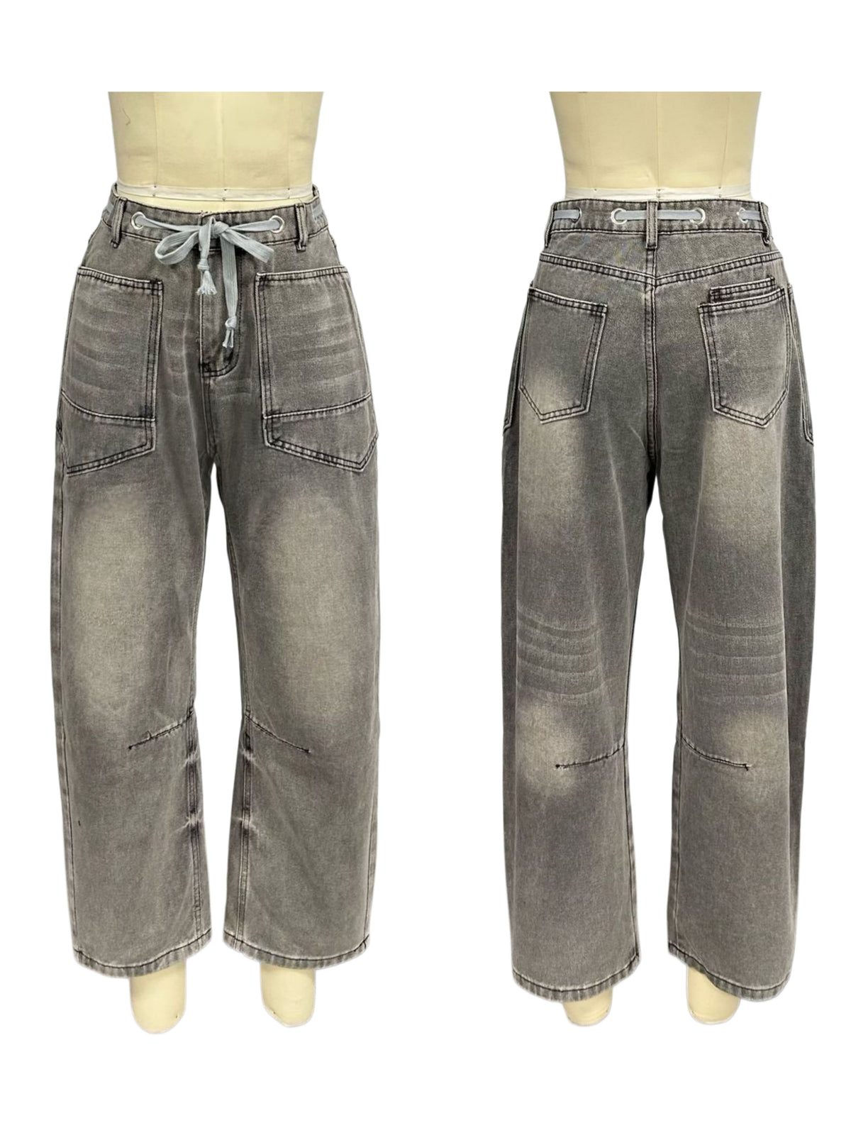 Tie Waist Curved Leg Utility Jeans - Grey