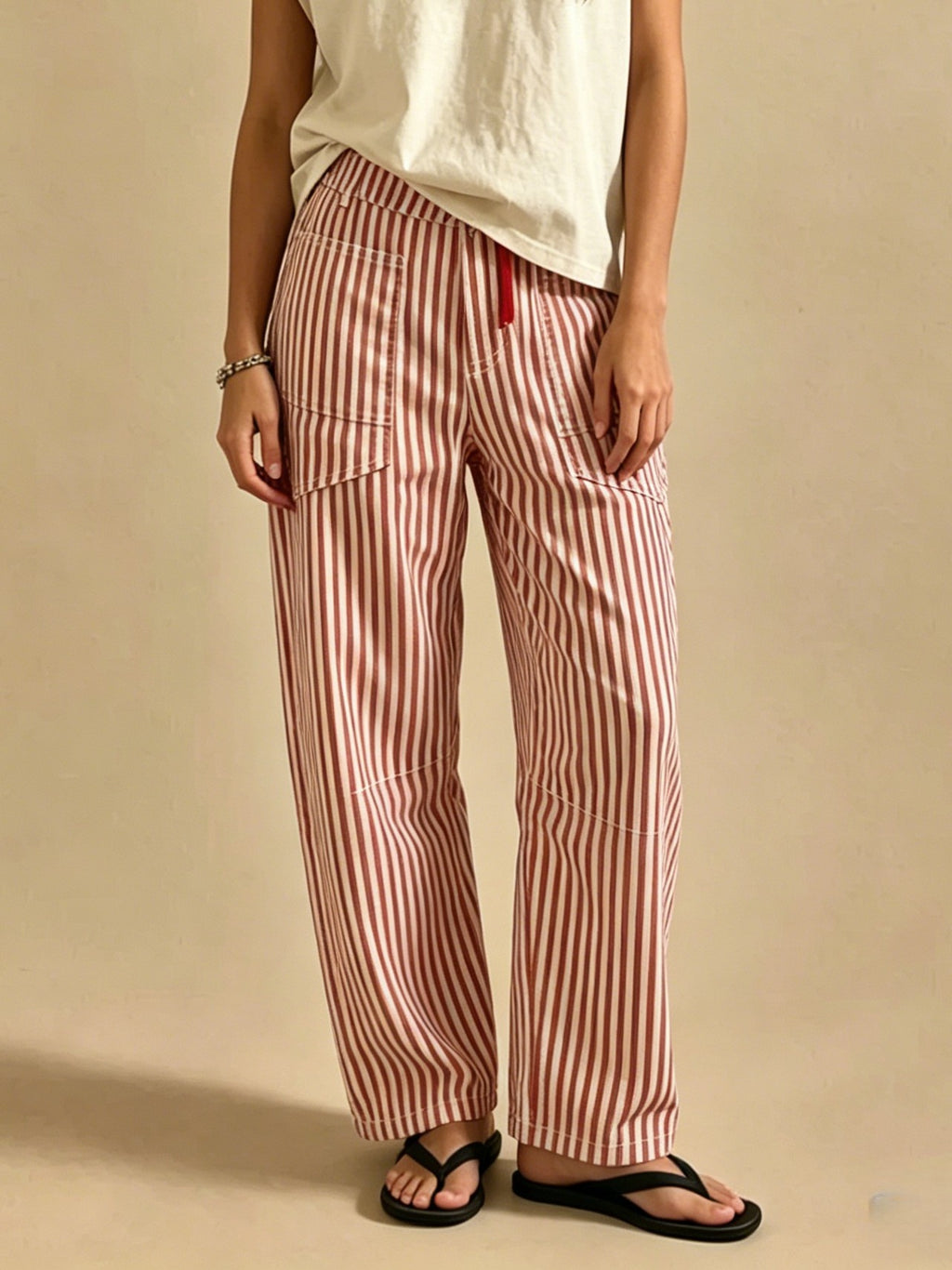 Tie Waist Curved Leg Utility Jeans - Red