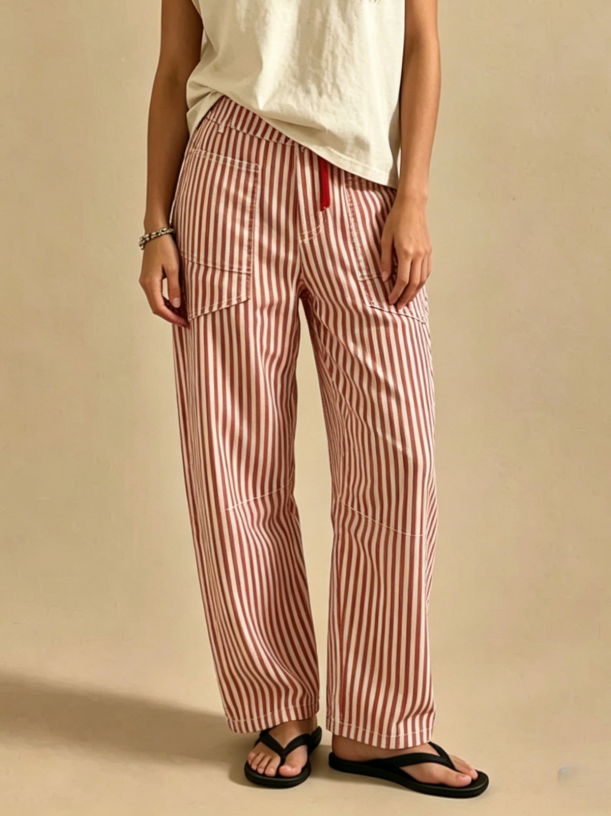 Tie Waist Curved Leg Utility Jeans - Red