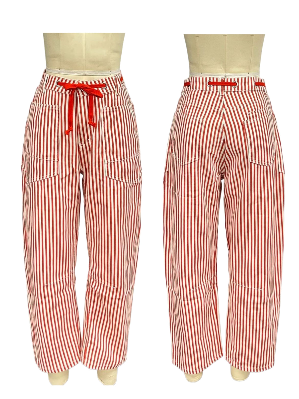 Tie Waist Curved Leg Utility Jeans - Red - 1