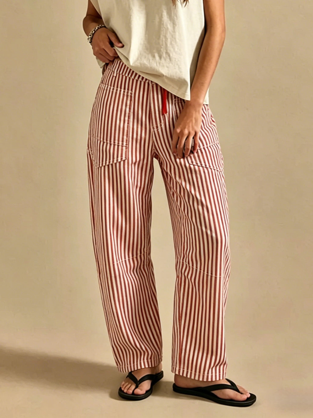Tie Waist Curved Leg Utility Jeans - Red - 3
