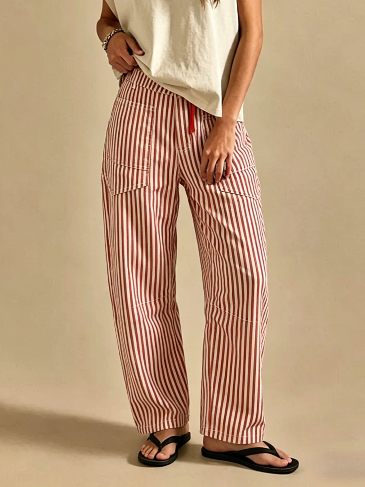 Tie Waist Curved Leg Utility Jeans - Red - 3