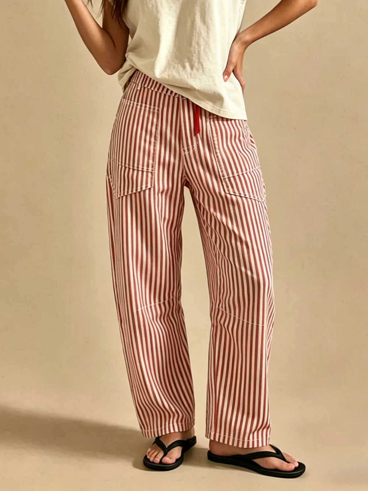 Tie Waist Curved Leg Utility Jeans - Red - 4