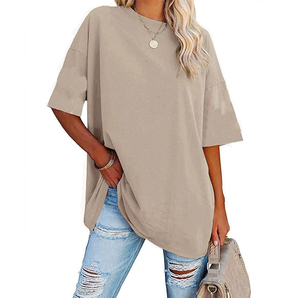 Oversized Crew Neck Drop Shoulder Tee - Apricot