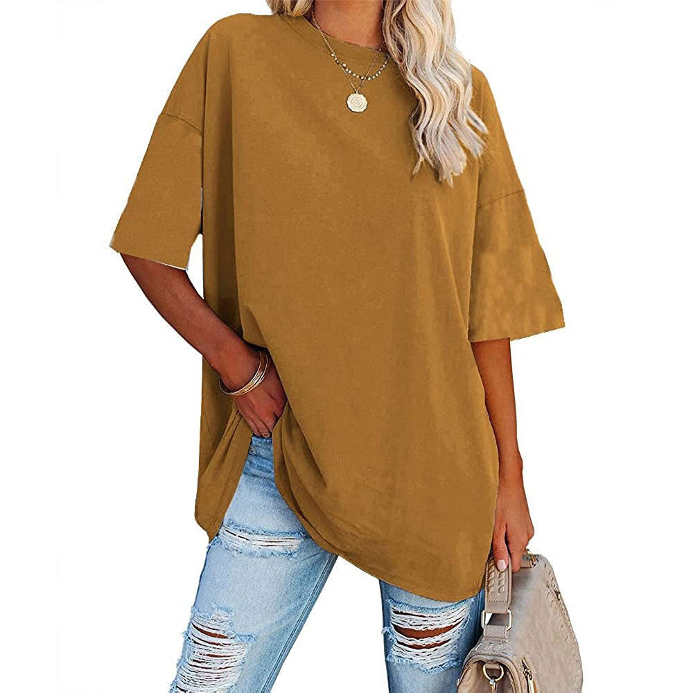Oversized Crew Neck Drop Shoulder Tee - Camel