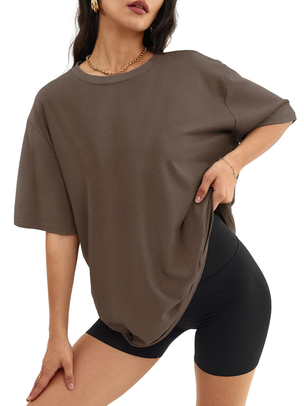 Oversized Crew Neck Drop Shoulder Tee - Coffee