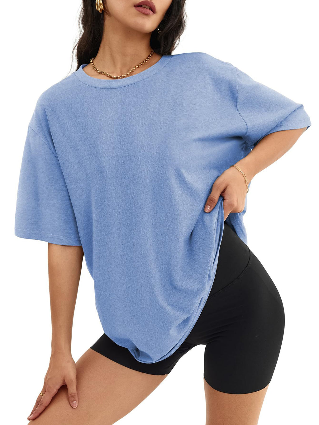 Oversized Crew Neck Drop Shoulder Tee - LightBlue