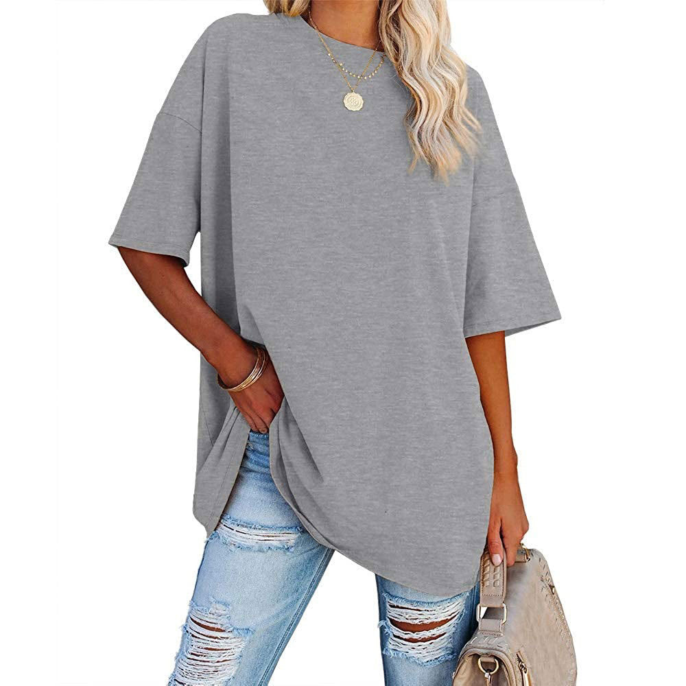 Oversized Crew Neck Drop Shoulder Tee - LightGray