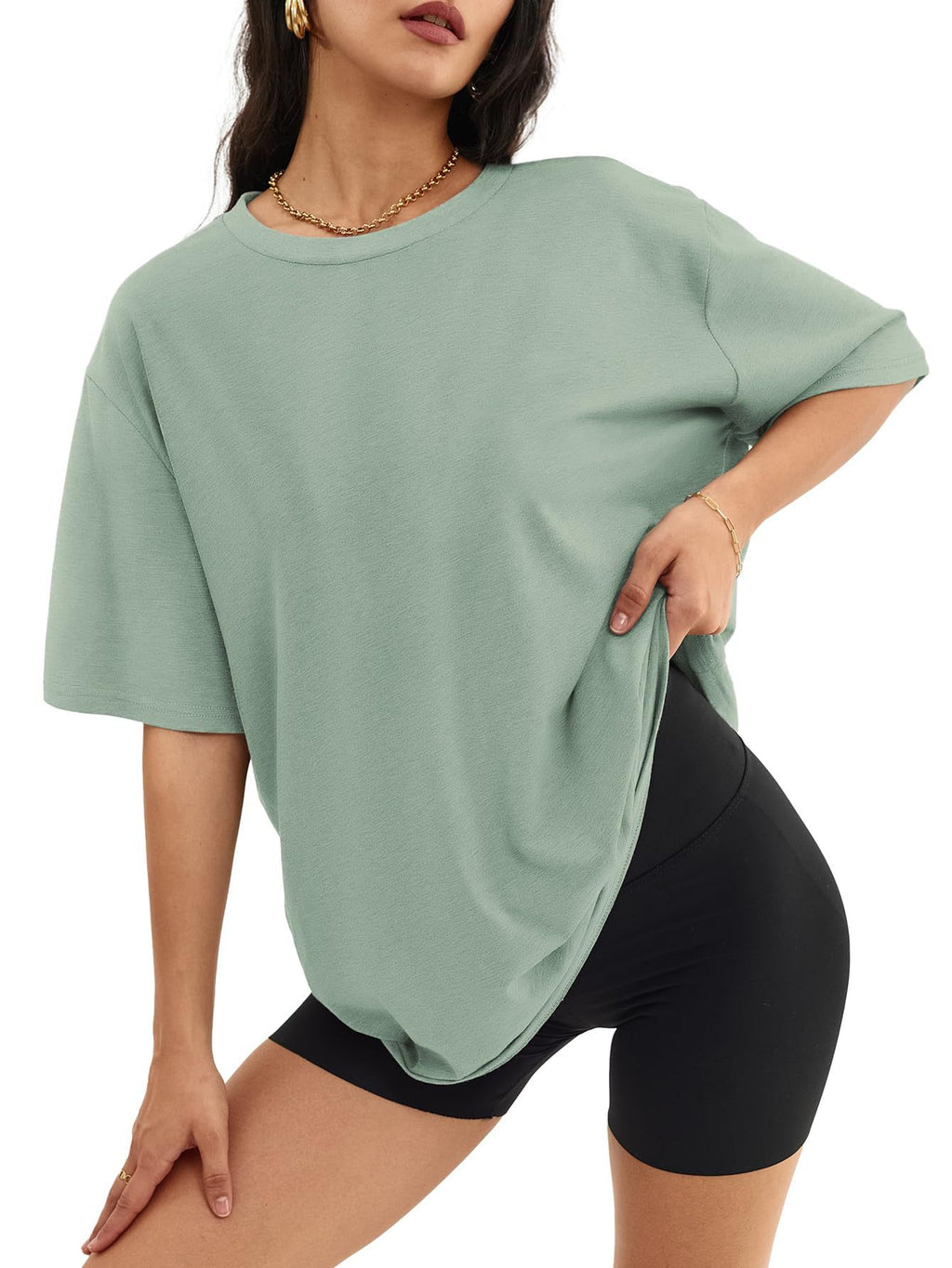 Oversized Crew Neck Drop Shoulder Tee - LightGreen
