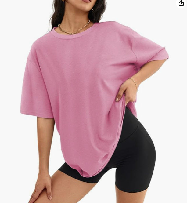 Oversized Crew Neck Drop Shoulder Tee - LightRed