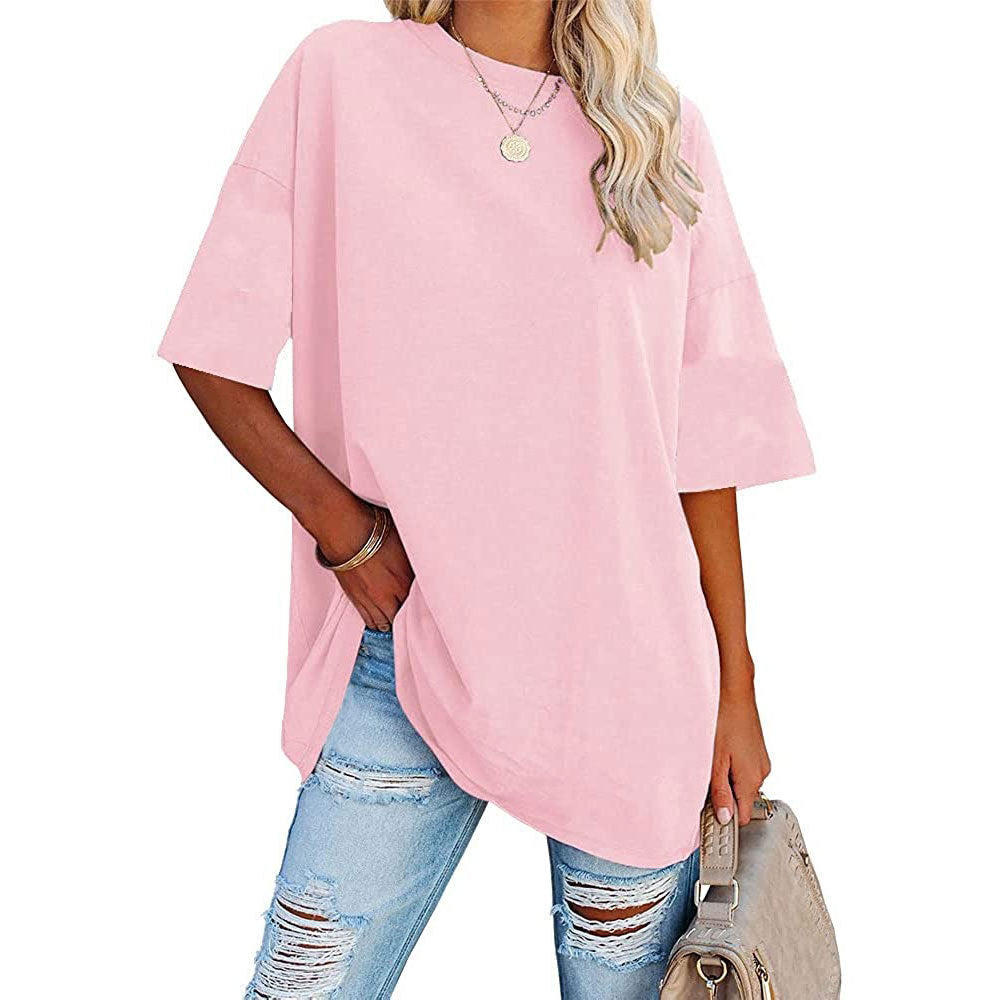 Oversized Crew Neck Drop Shoulder Tee - Pink