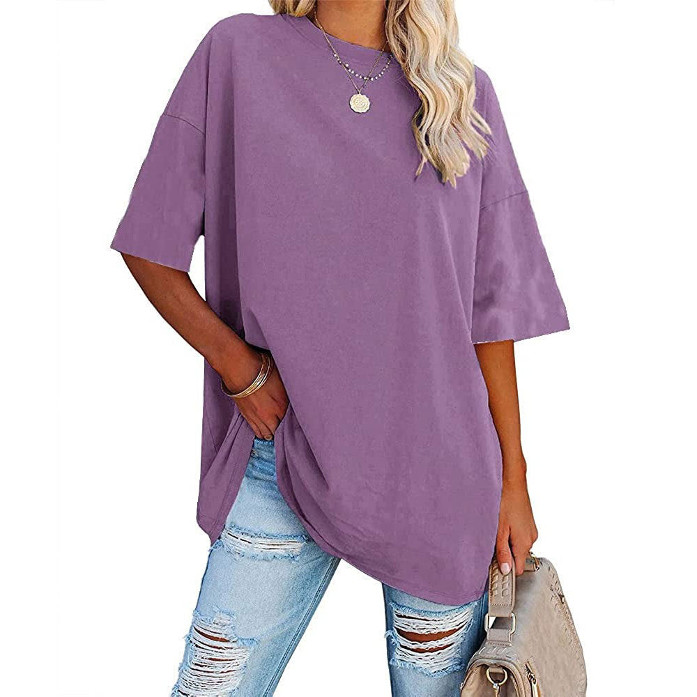 Oversized Crew Neck Drop Shoulder Tee - Purple