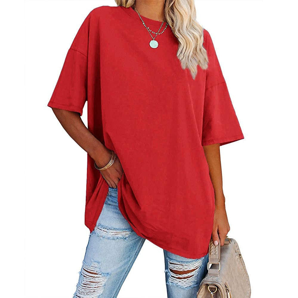 Oversized Crew Neck Drop Shoulder Tee - Red