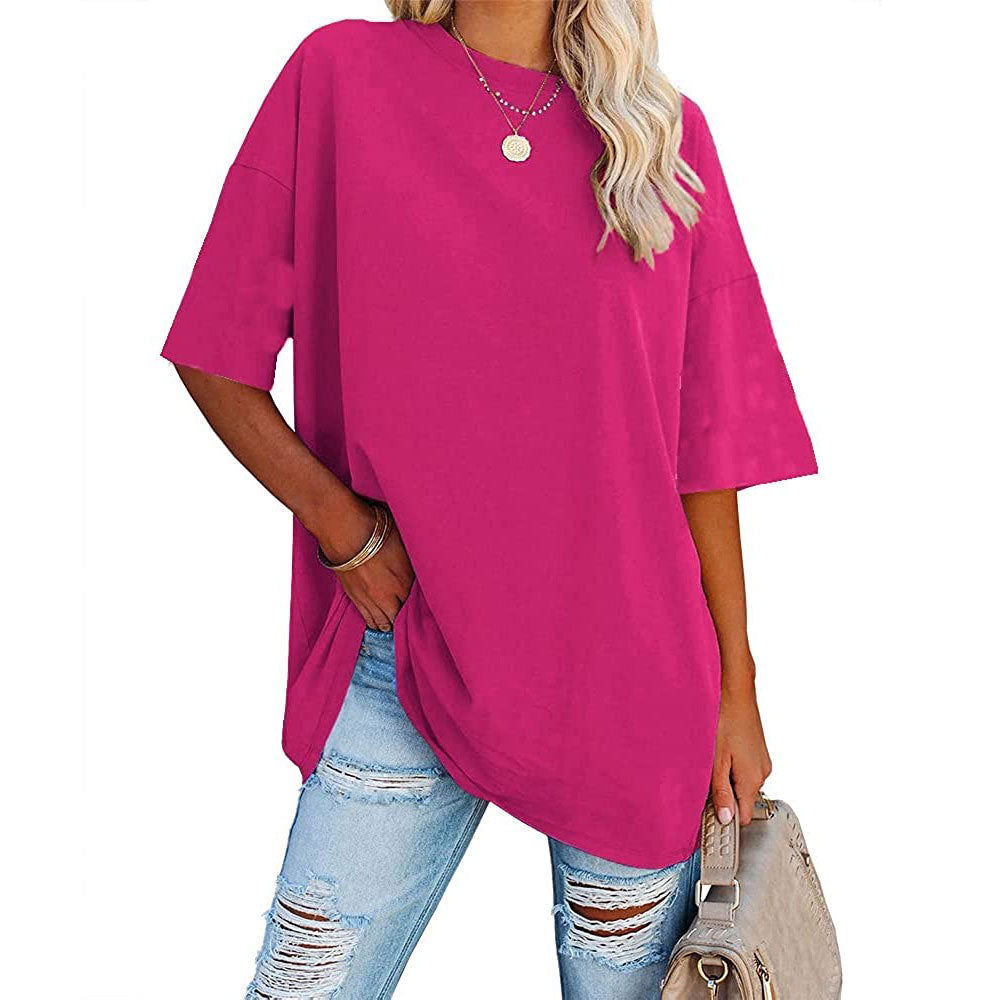 Oversized Crew Neck Drop Shoulder Tee - Rose