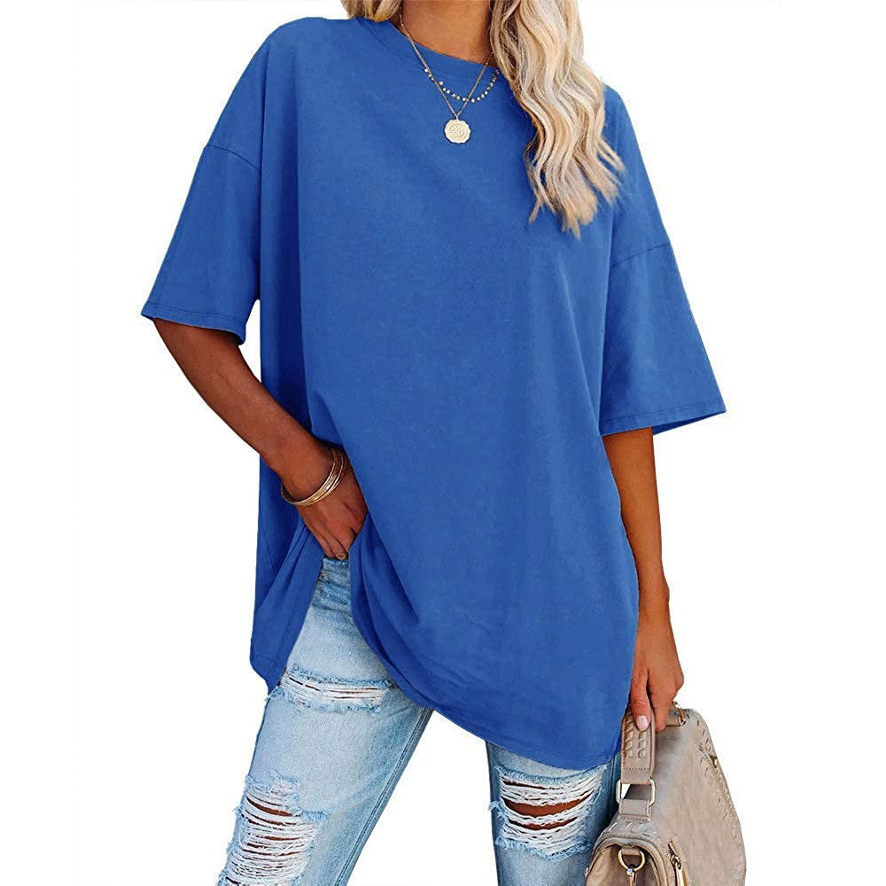 Oversized Crew Neck Drop Shoulder Tee - RoyalBlue