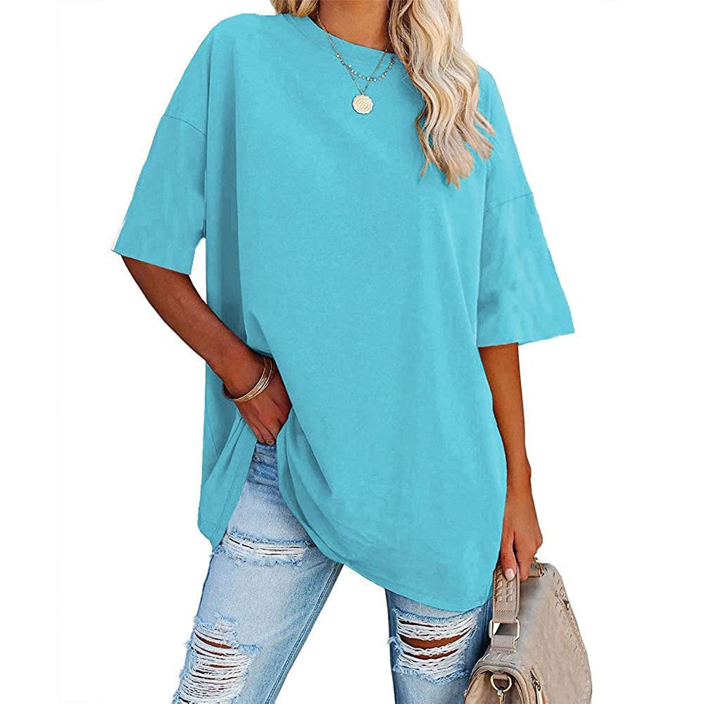 Oversized Crew Neck Drop Shoulder Tee - SkyBlue