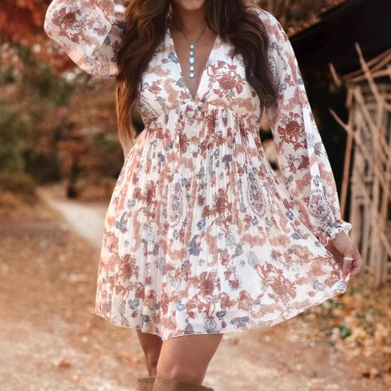 Bohemian Floral V Neck Puff Sleeve Dress - Decor