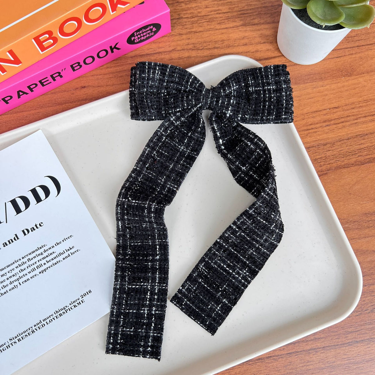 Checked Tweed Long Tail Bow Hair Clip - Black