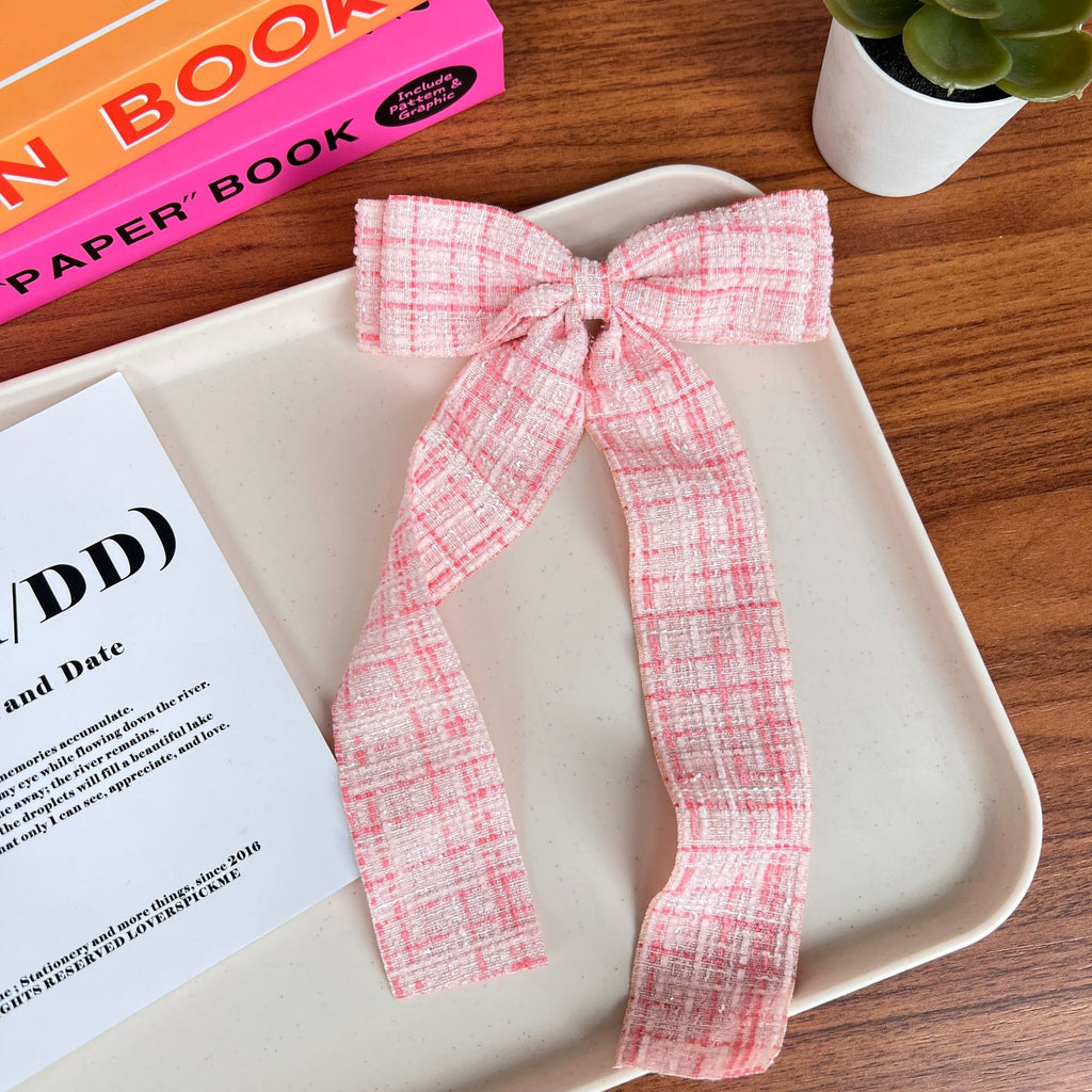 Checked Tweed Long Tail Bow Hair Clip - Pink