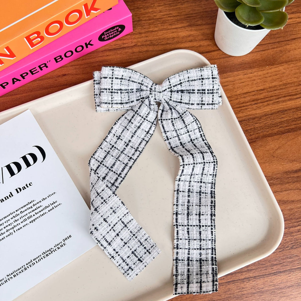 Checked Tweed Long Tail Bow Hair Clip - White