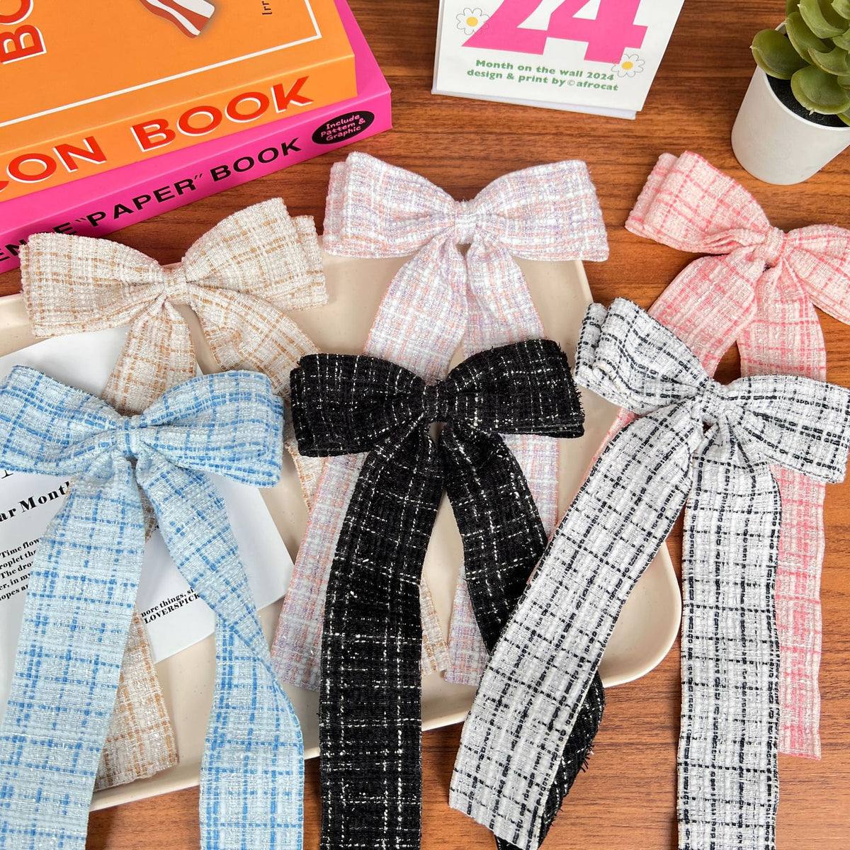 Checked Tweed Long Tail Bow Hair Clip