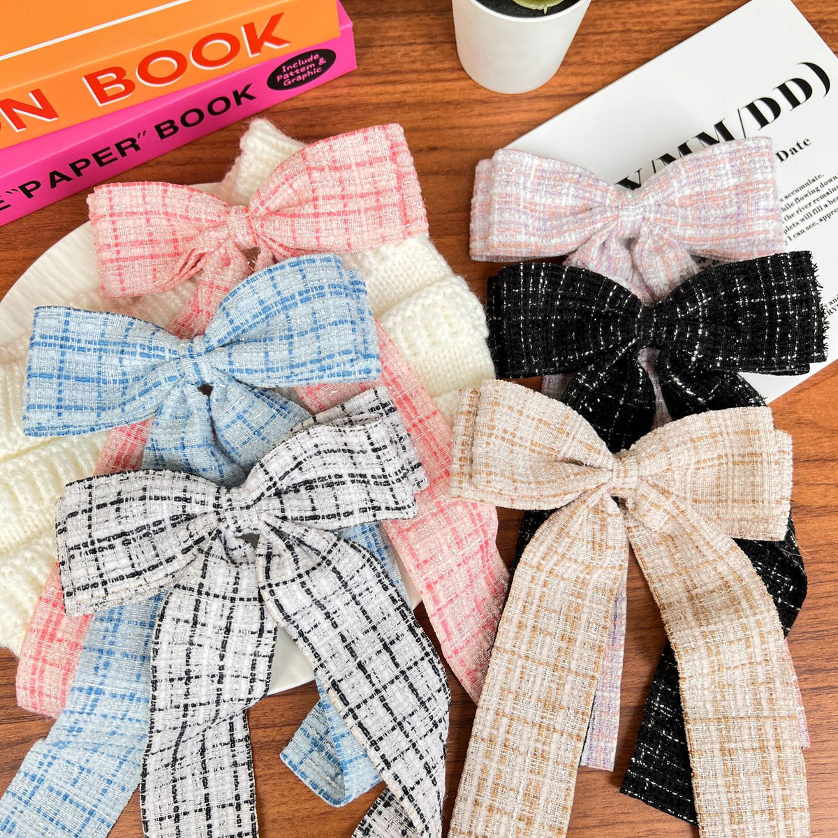 Checked Tweed Long Tail Bow Hair Clip - view 1