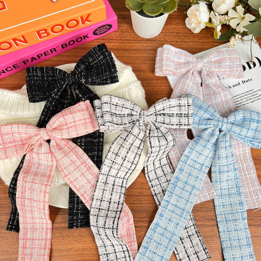 Checked Tweed Long Tail Bow Hair Clip - view 3