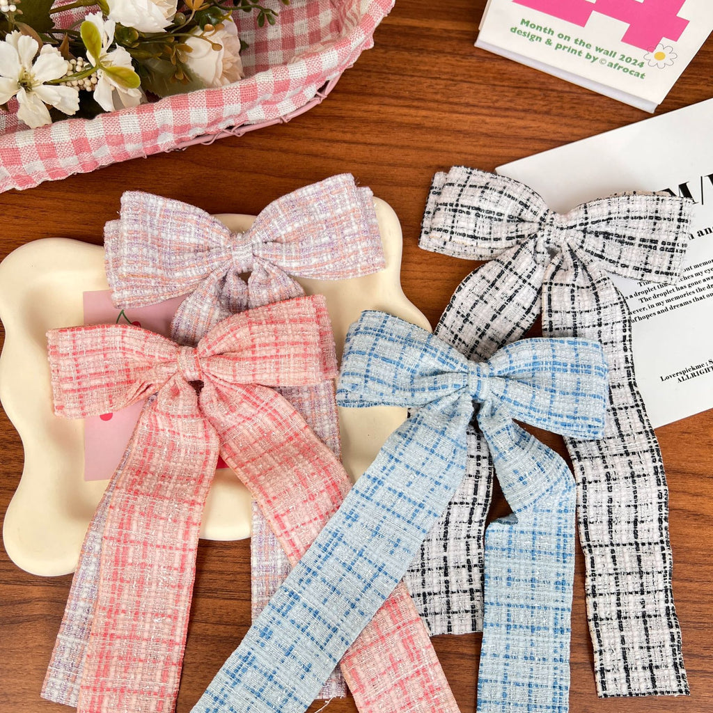 Checked Tweed Long Tail Bow Hair Clip - view 4