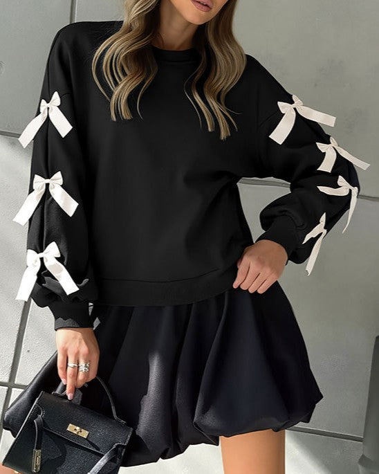 Ribbon Bow Sleeve Crewneck Sweatshirt - Black