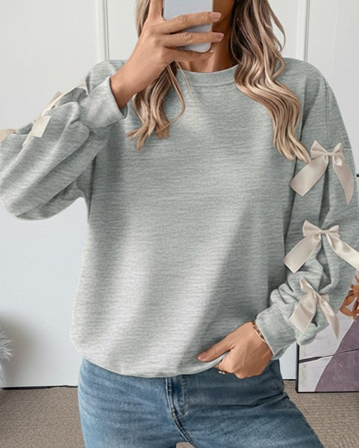 Ribbon Bow Sleeve Crewneck Sweatshirt - Grey