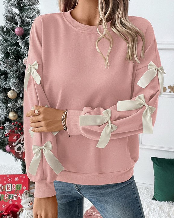 Ribbon Bow Sleeve Crewneck Sweatshirt - Pink - 1