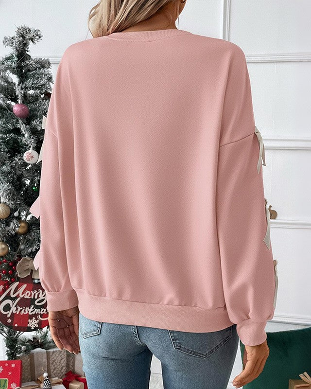 Ribbon Bow Sleeve Crewneck Sweatshirt - Pink - 2
