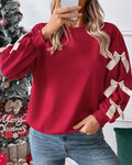 Ribbon Bow Sleeve Crewneck Sweatshirt - Red
