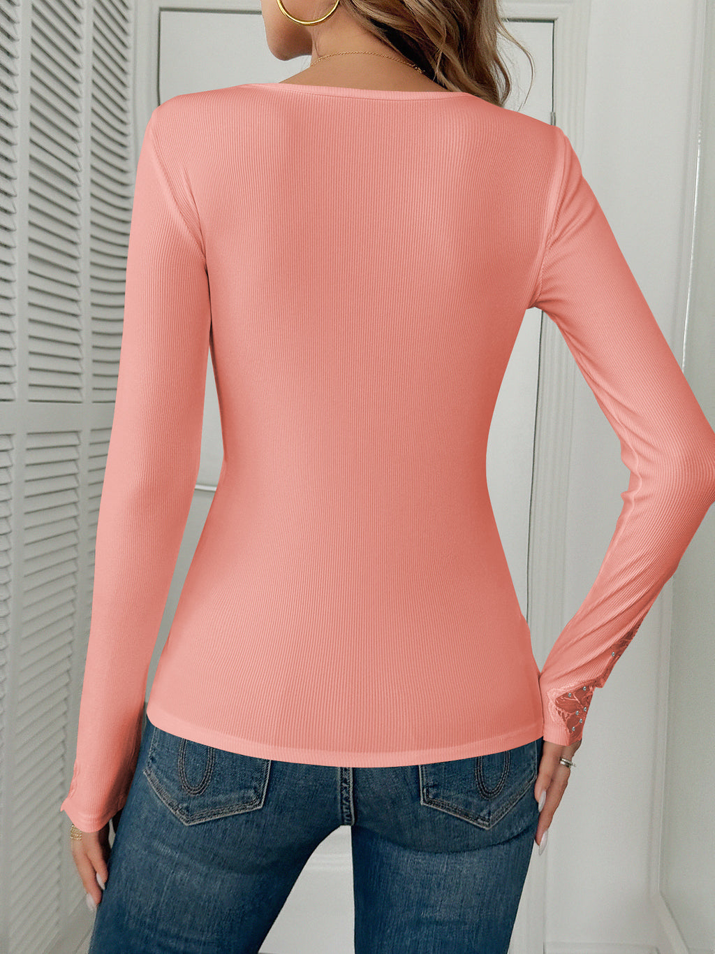 Rhinestone Lace V Neck Long Sleeve Tee