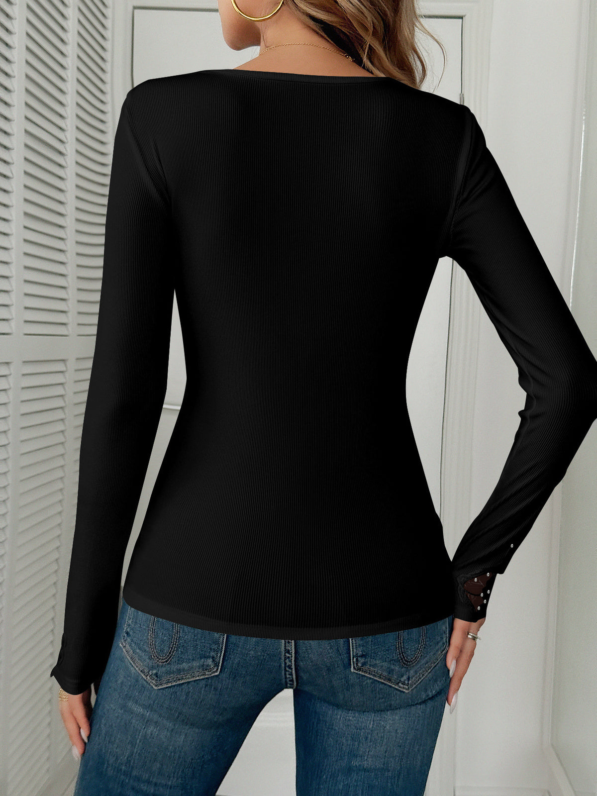 Rhinestone Lace V Neck Long Sleeve Tee - view 1