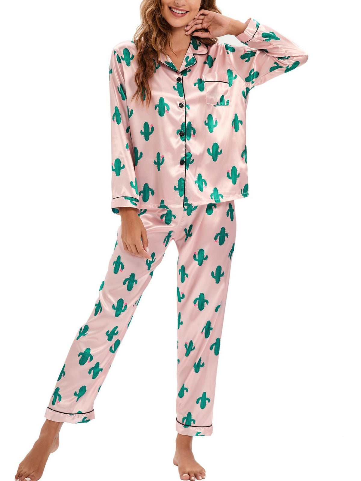 Satin Print Button Up Pajama Set - Cactus