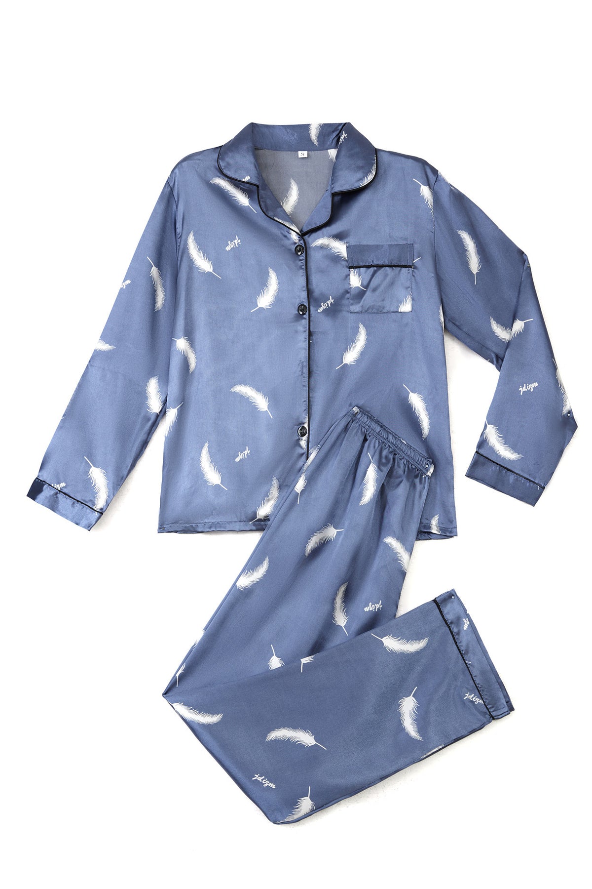 Satin Print Button Up Pajama Set - Feather