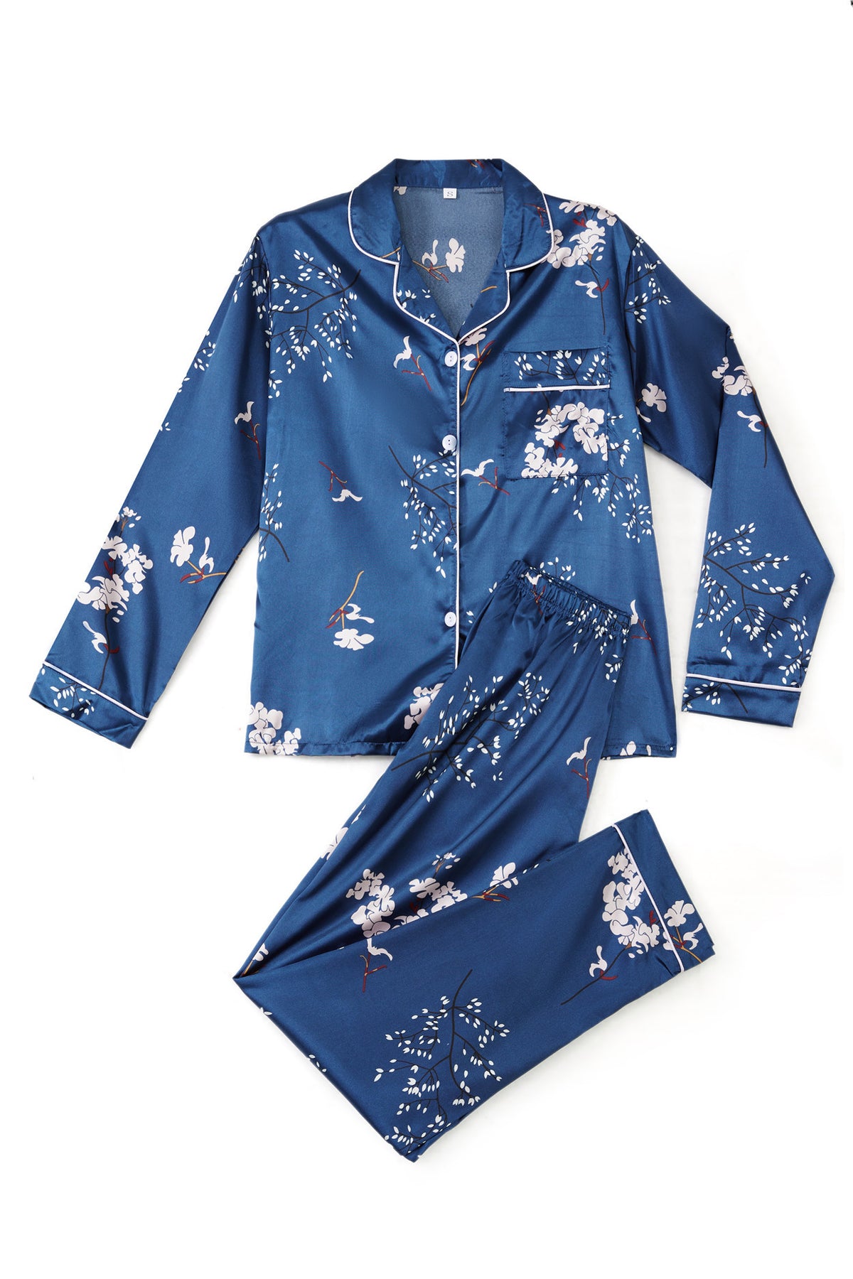 Satin Print Button Up Pajama Set - Flower