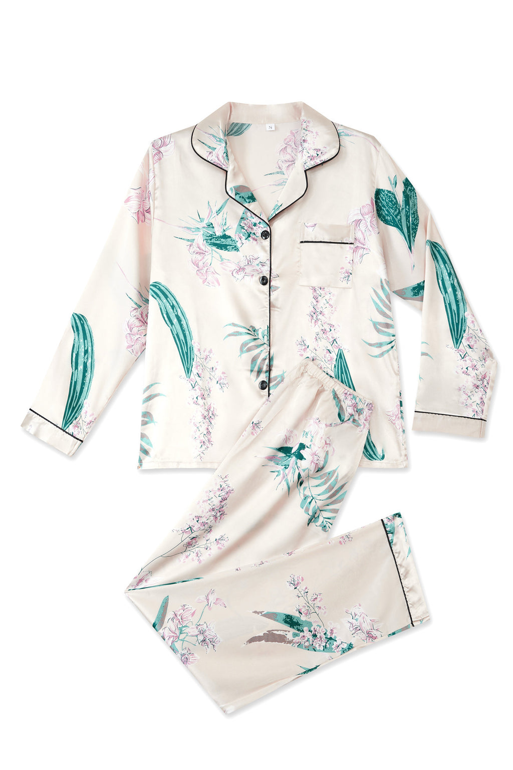 Satin Print Button Up Pajama Set - Garden