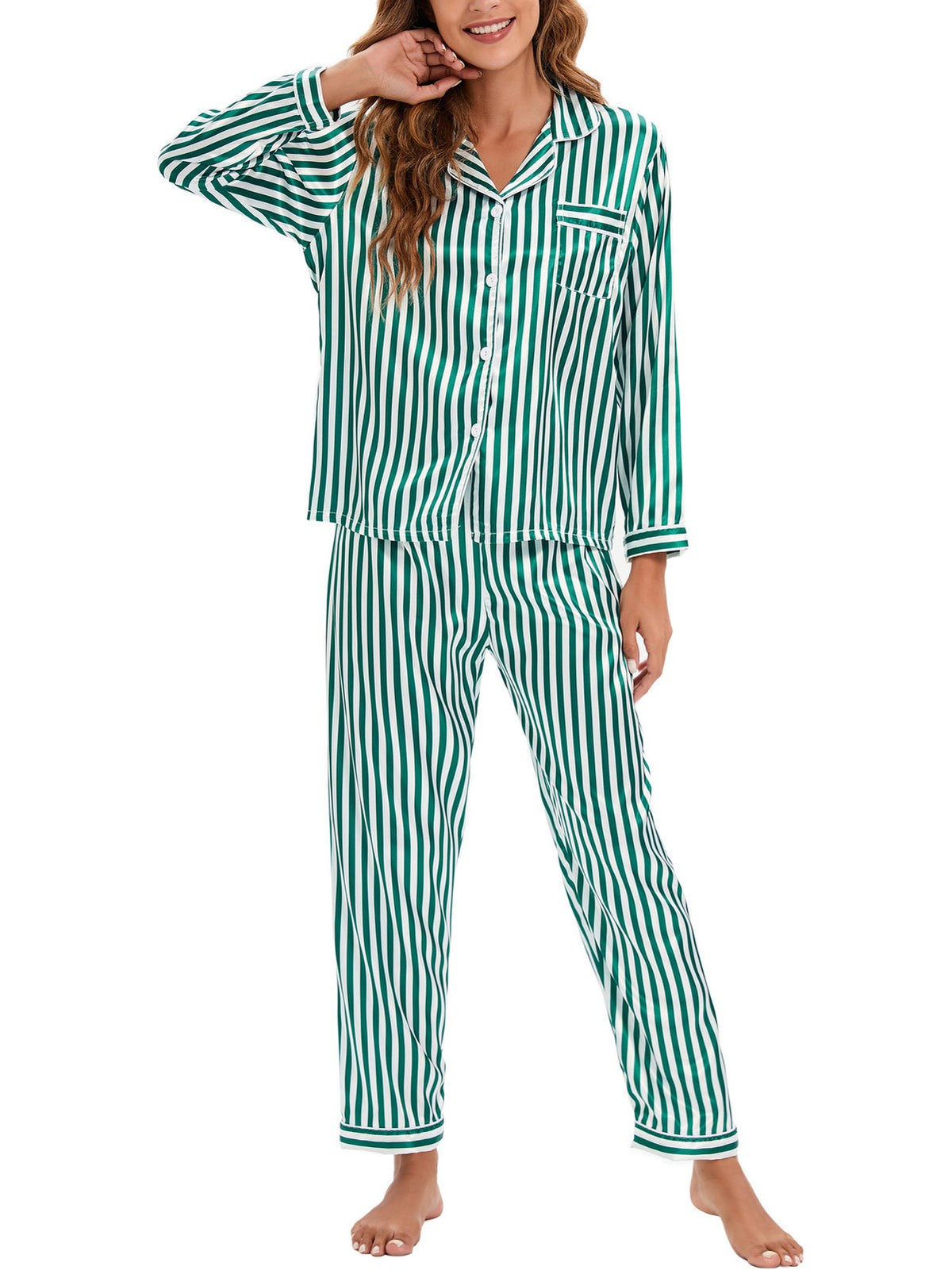 Satin Print Button Up Pajama Set - Striped_B