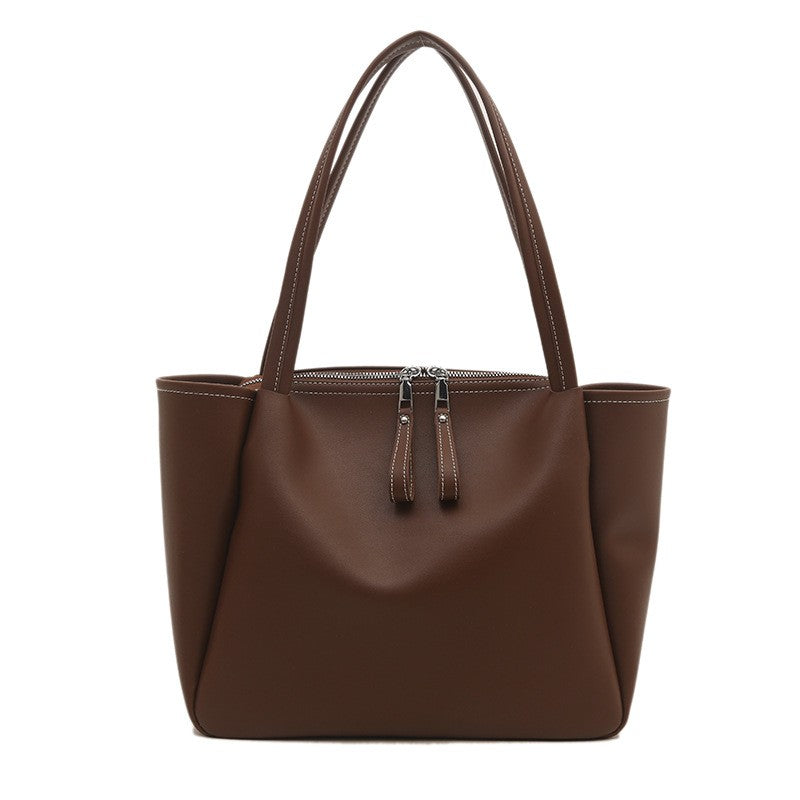 Slouchy Faux Leather Zip Tote Bag - Brown
