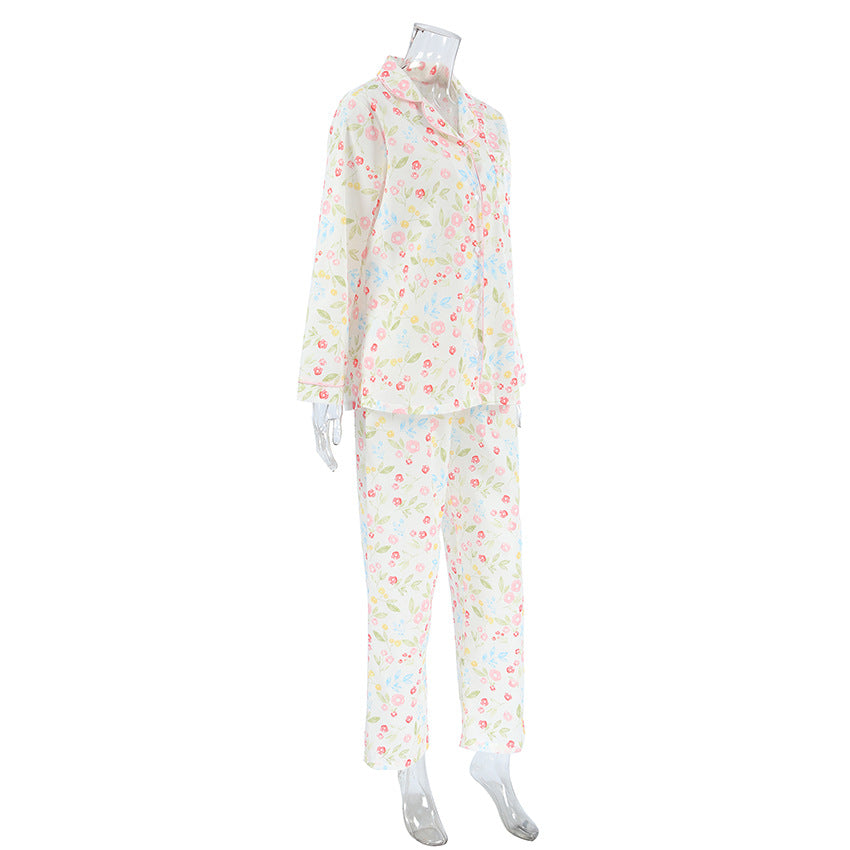 Ditsy Floral Print Long Pajama Set - White